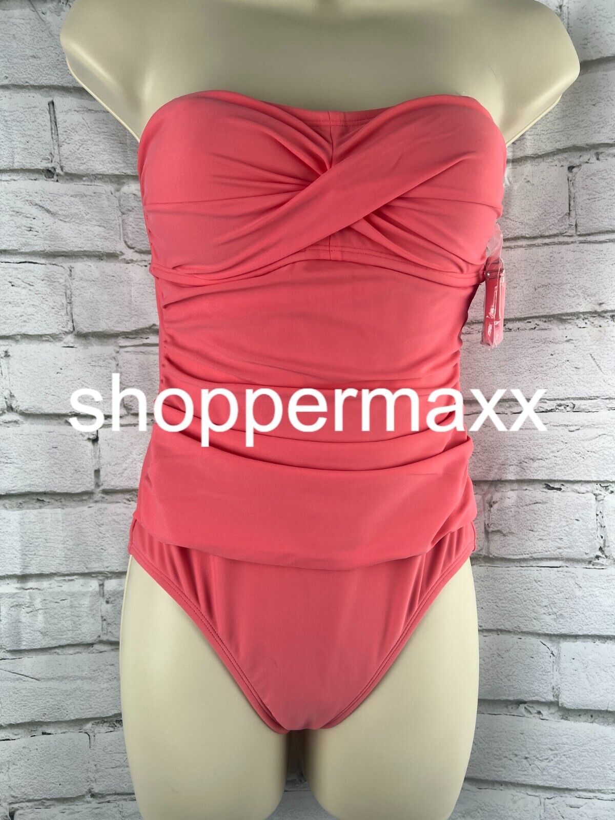 Women's Twist-Front Bandeau Classic One Piece Swimsuit- Kona Sol, Coral Pink, XS