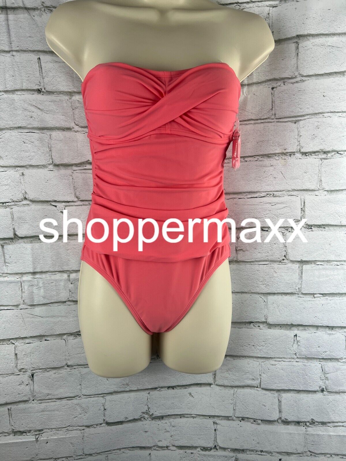 Women's Twist-Front Bandeau Classic One Piece Swimsuit- Kona Sol, Coral Pink, XS