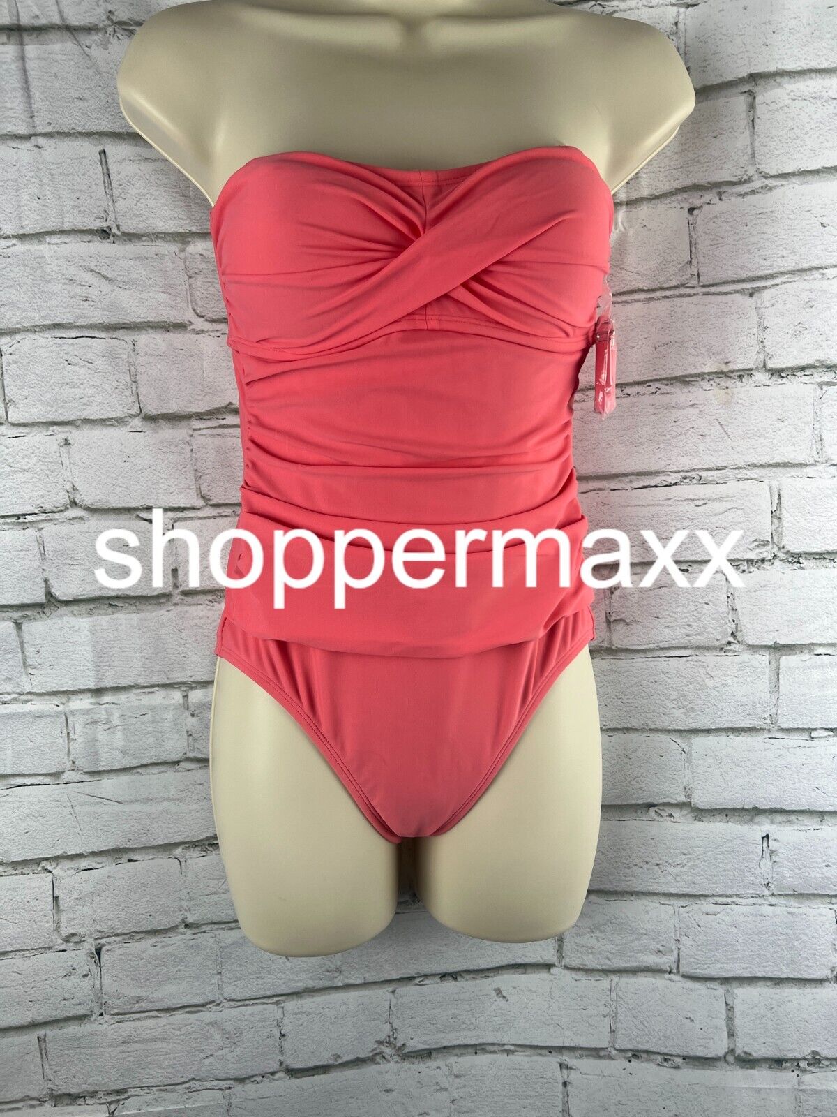 Women's Twist-Front Bandeau Classic One Piece Swimsuit- Kona Sol, Coral Pink, XS