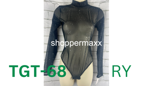 Women's Sequin Mesh Long Sleeve Lingerie Bodysuit - Auden, Black, S