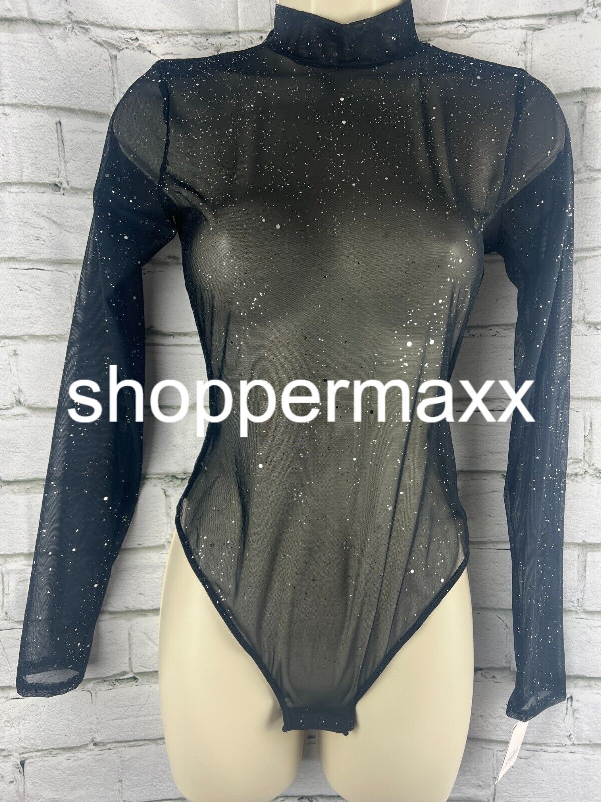 Women's Sequin Mesh Long Sleeve Lingerie Bodysuit - Auden, Black, S