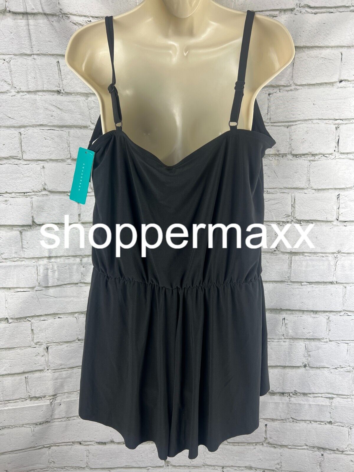 Women's High Neck Swim Romper with Pockets Swimsuit - Aqua Green, Black, XL