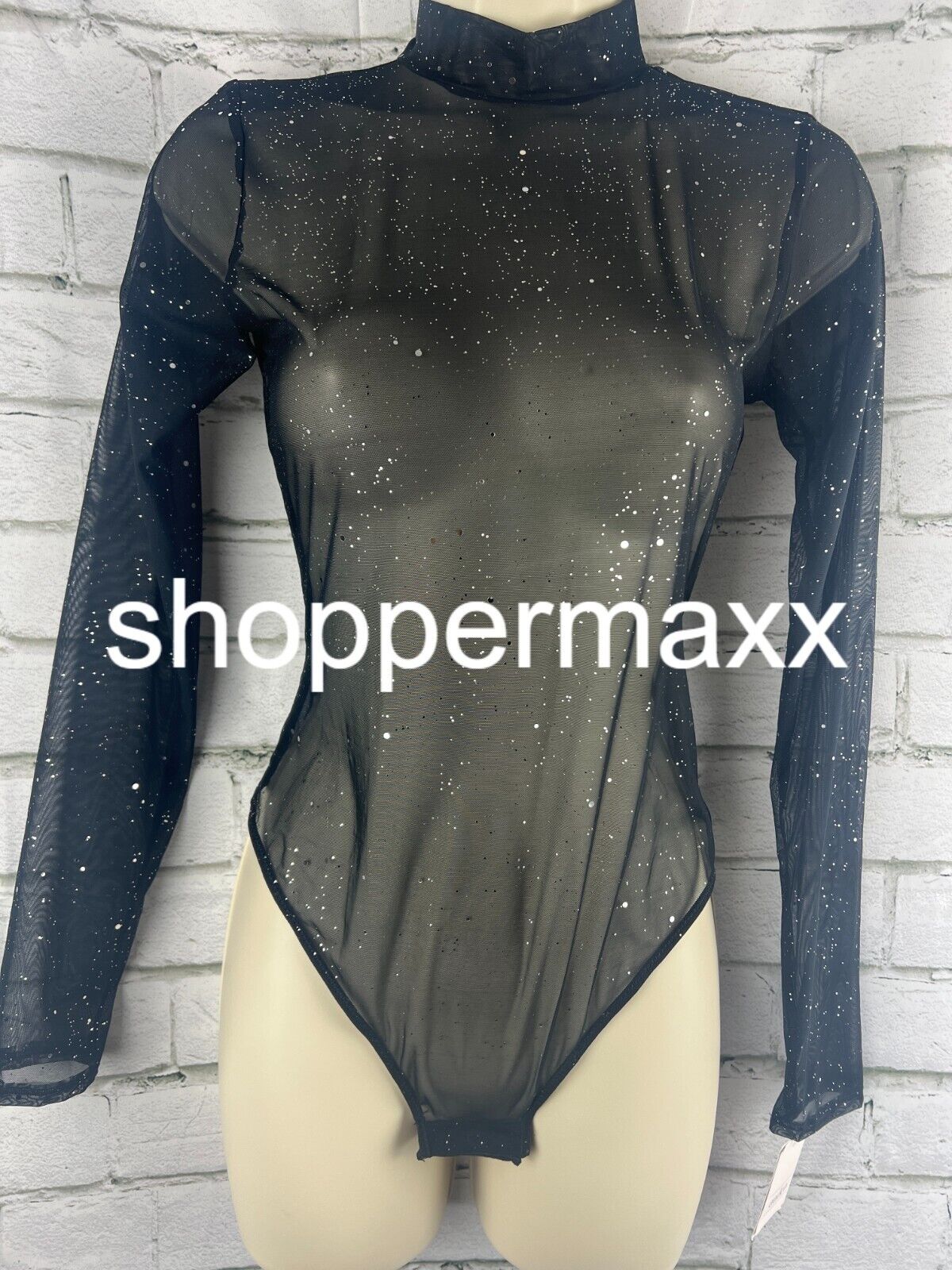 Women's Sequin Mesh Long Sleeve Lingerie Bodysuit - Auden, Black, S