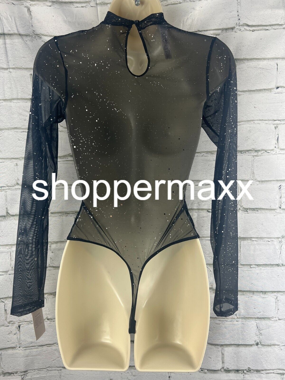 Women's Sequin Mesh Long Sleeve Lingerie Bodysuit - Auden, Black, S