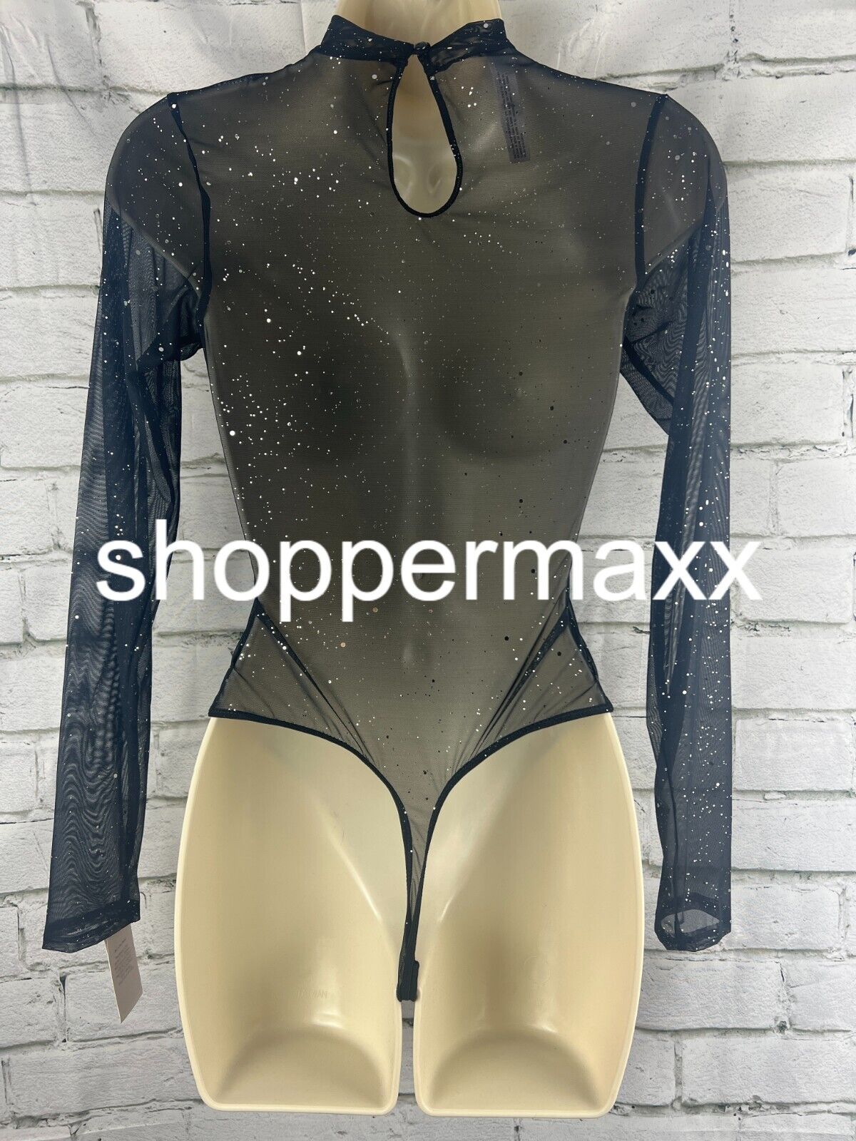 Women's Sequin Mesh Long Sleeve Lingerie Bodysuit - Auden, Black, S