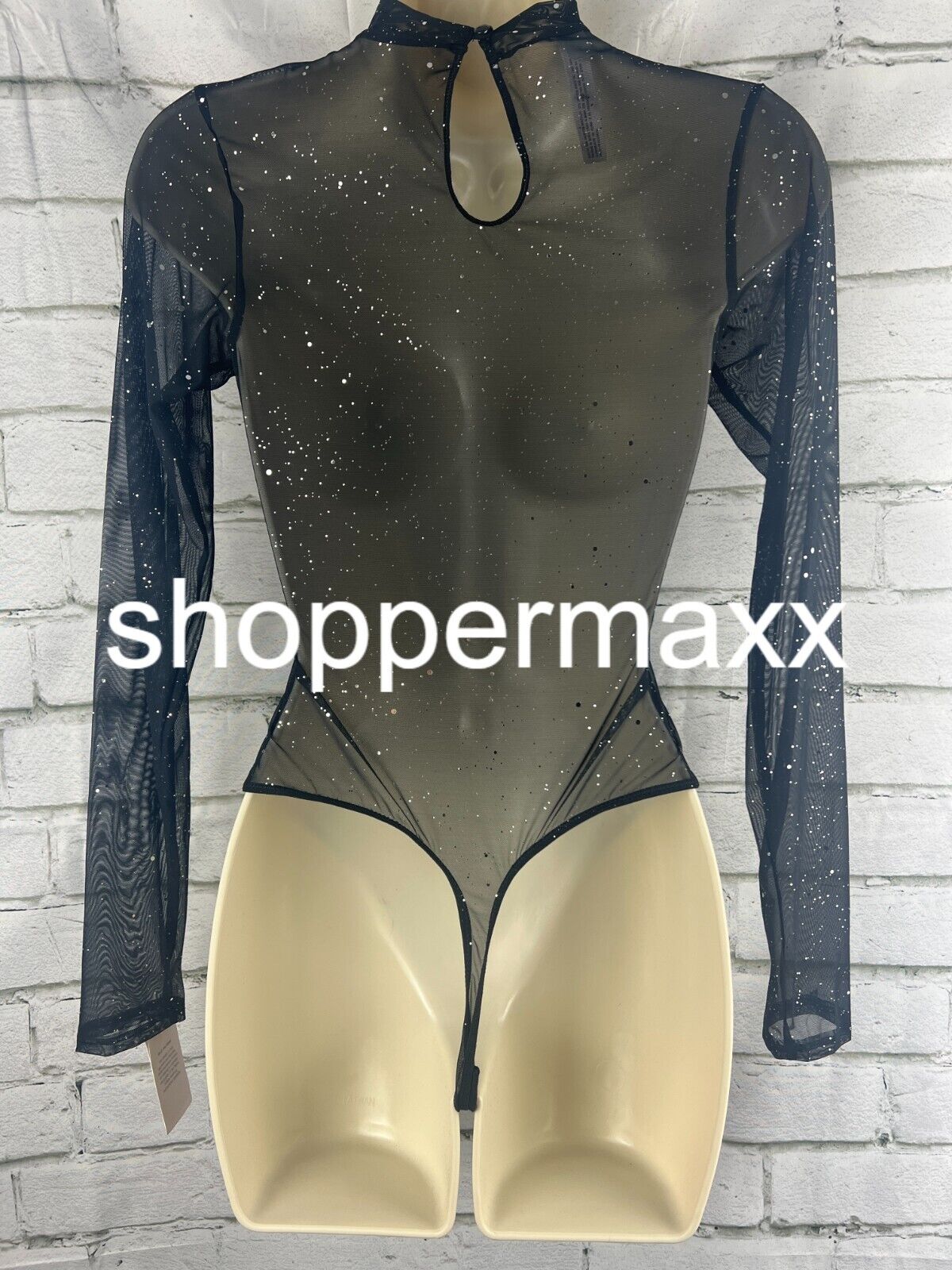 Women's Sequin Mesh Long Sleeve Lingerie Bodysuit - Auden, Black, S