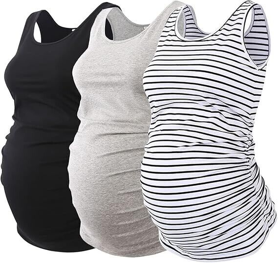 Ecavus 3Pcs Women Layering Maternity Tank Top Pregnancy Shirt Scoop Neck Vest, M