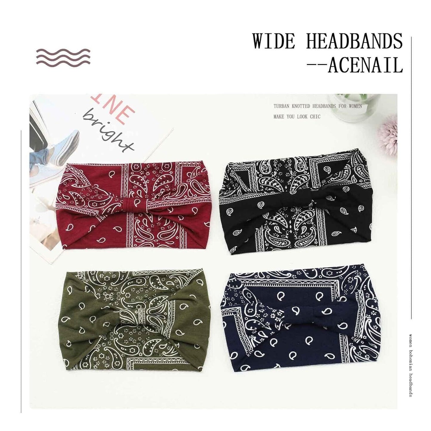 Acenail Women Girls Headband Wide Knotted Turban Elastic Non Slip Hairbands 4Pcs