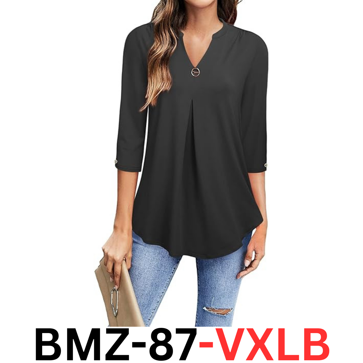 VALOLIA Blouses for Women Fashion, 3/4 Sleeve V Neck Loose Tunic Blouses Black L