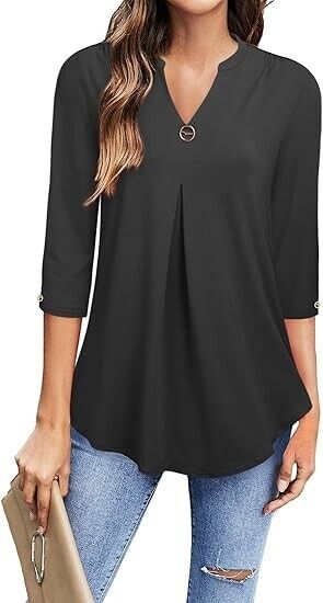 VALOLIA Blouses for Women Fashion, 3/4 Sleeve V Neck Loose Tunic Blouses Black L