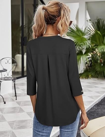 VALOLIA Blouses for Women Fashion, 3/4 Sleeve V Neck Loose Tunic Blouses Black L