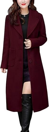 chouyatou Women's Big Notch Lapel Single Breasted Mid-Long Wool Blend Coat (XS)