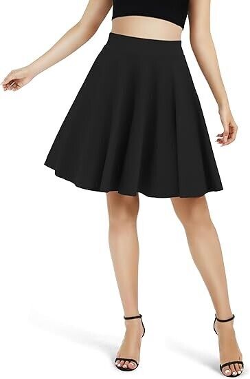 Urban CoCo Women Basic Versatile Stretchy Flared Casual Midi Skater Skirt, Blk S
