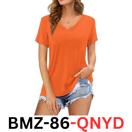 Amoretu Womens Tops V Neck Short Sleeve Summer Casual Plain T-Shirts Orange 2XL