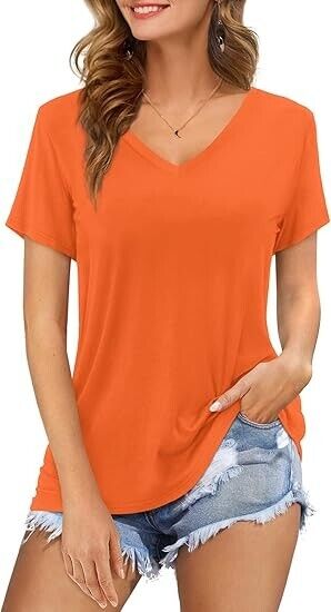 Amoretu Womens Tops V Neck Short Sleeve Summer Casual Plain T-Shirts Orange 2XL