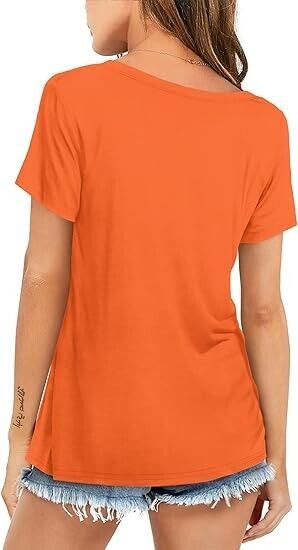 Amoretu Womens Tops V Neck Short Sleeve Summer Casual Plain T-Shirts Orange 2XL