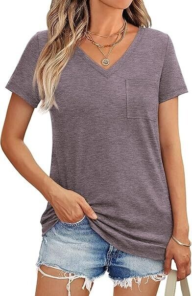 AUTOMET Women TShirt Short Sleeve V-Neck Tee Teen Girls Fashion Tops Rosetaupe L