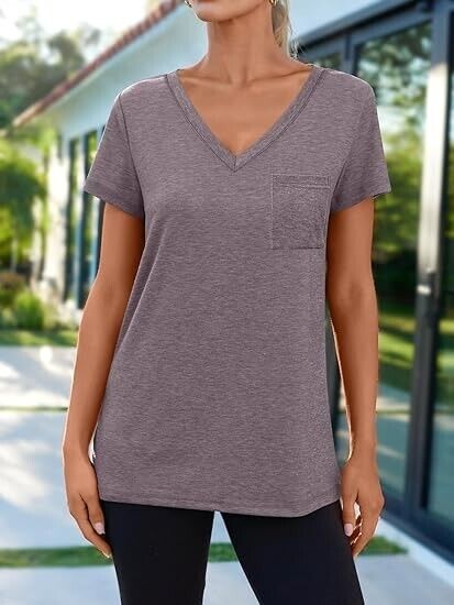 AUTOMET Women TShirt Short Sleeve V-Neck Tee Teen Girls Fashion Tops Rosetaupe L