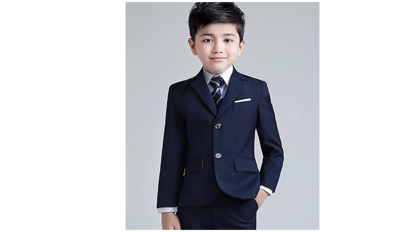 YuanLu Boys Colorful Formal Suits 5 Piece Slim Fit Dresswear Suit, Navy Blue, 7
