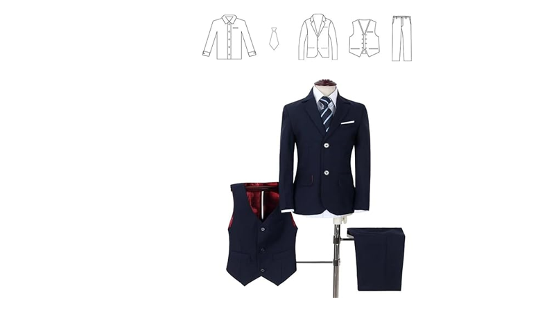 YuanLu Boys Colorful Formal Suits 5 Piece Slim Fit Dresswear Suit, Navy Blue, 7