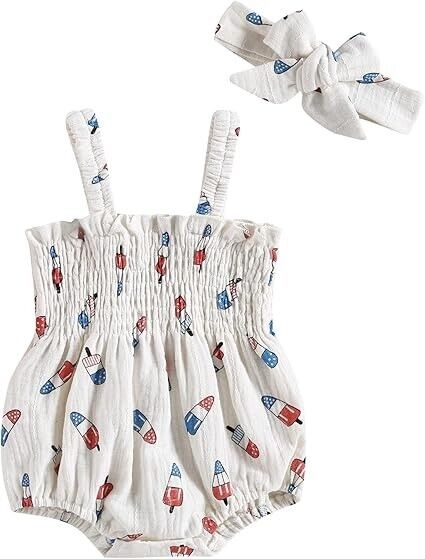 4th of July Infant Girl Romper Flag Star Print Short Sleeve Jumpsuit, 0-3 Months