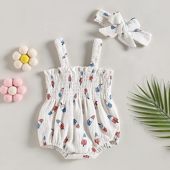 4th of July Infant Girl Romper Flag Star Print Short Sleeve Jumpsuit, 0-3 Months