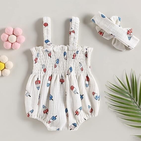 4th of July Infant Girl Romper Flag Star Print Short Sleeve Jumpsuit, 0-3 Months