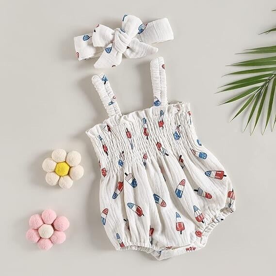 4th of July Infant Girl Romper Flag Star Print Short Sleeve Jumpsuit, 0-3 Months