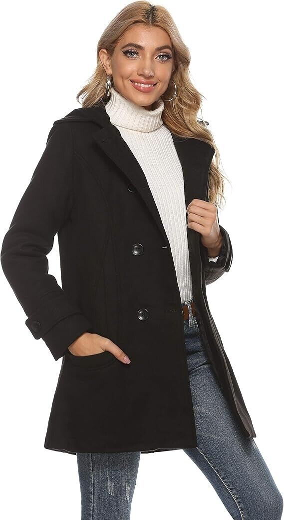 Tanming Women's Warm Double Breasted Wool Pea Coat Trench Coat Jacket- Hood, XXL