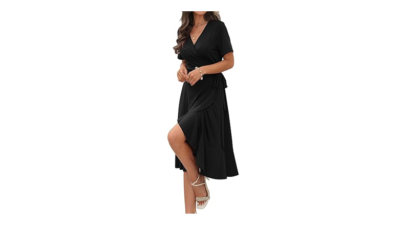 WINDMILL Women V-Neck Wrap Dress Short Sleeve Tie Waist Midi Flowy Beach, XL