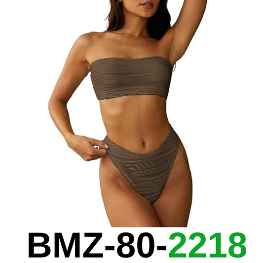 ZAFUL Women Strapless Textured Bandeau Bikini 2 Piece Swimwear Cheeky Solid, S