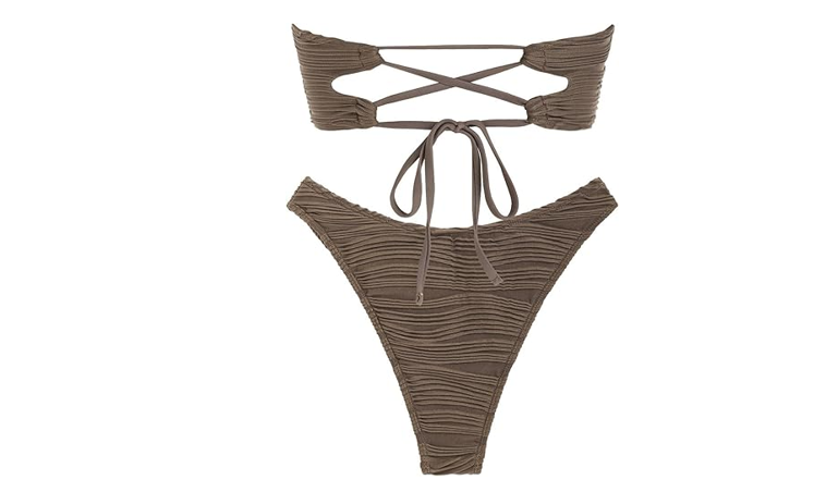 ZAFUL Women Strapless Textured Bandeau Bikini 2 Piece Swimwear Cheeky Solid, S
