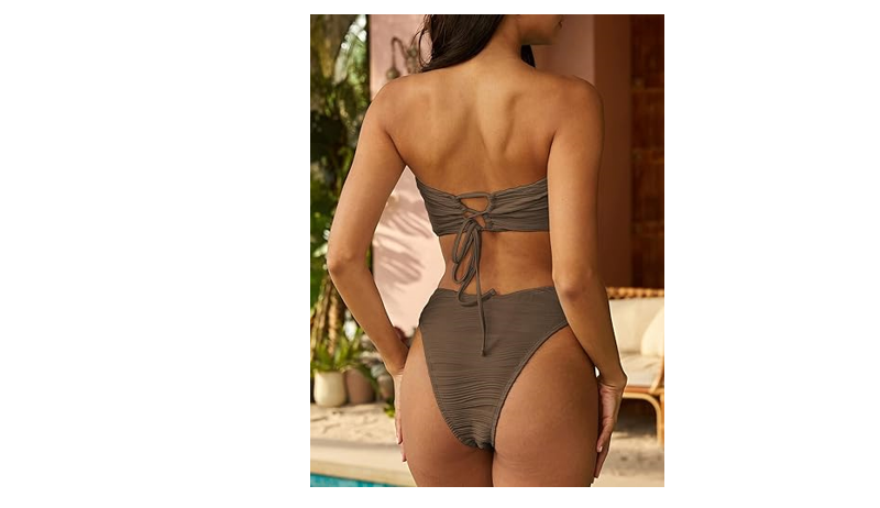ZAFUL Women Strapless Textured Bandeau Bikini 2 Piece Swimwear Cheeky Solid, S
