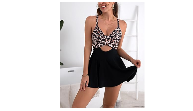 B2prity Women Cutout One Piece Skirt Swimsuit V Neck Wrap Tie Back Swimdress, L