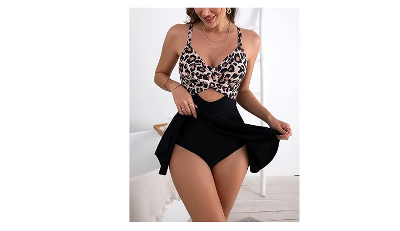 B2prity Women Cutout One Piece Skirt Swimsuit V Neck Wrap Tie Back Swimdress, L