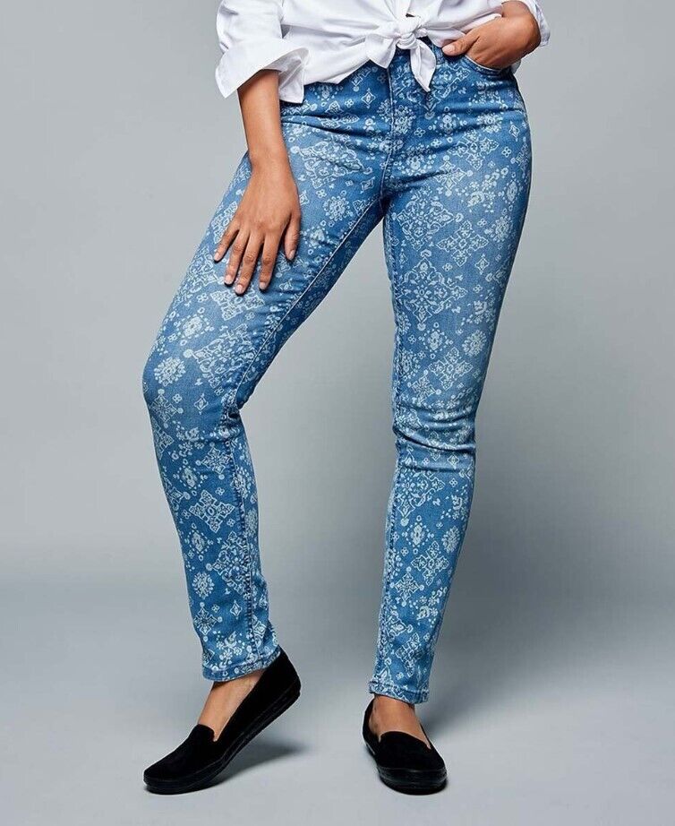 Denim & Co. Women Light Wash Bandana Easy Stretch Slim Straight-Leg Jeans 12P
