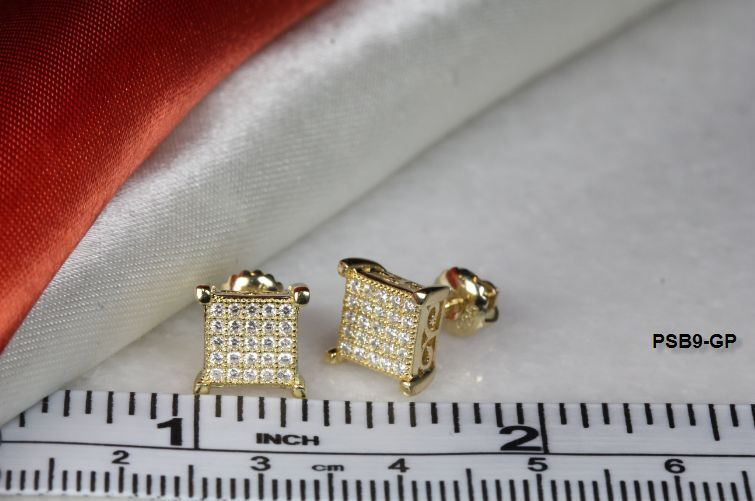 7MMX7MM STUD EARRINGS YELLOW GOLD PLATED STERLING SILVER 925 25 CLEAR CZS EACH