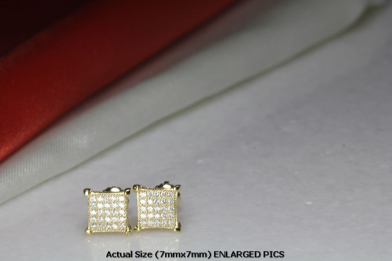 7MMX7MM STUD EARRINGS YELLOW GOLD PLATED STERLING SILVER 925 25 CLEAR CZS EACH