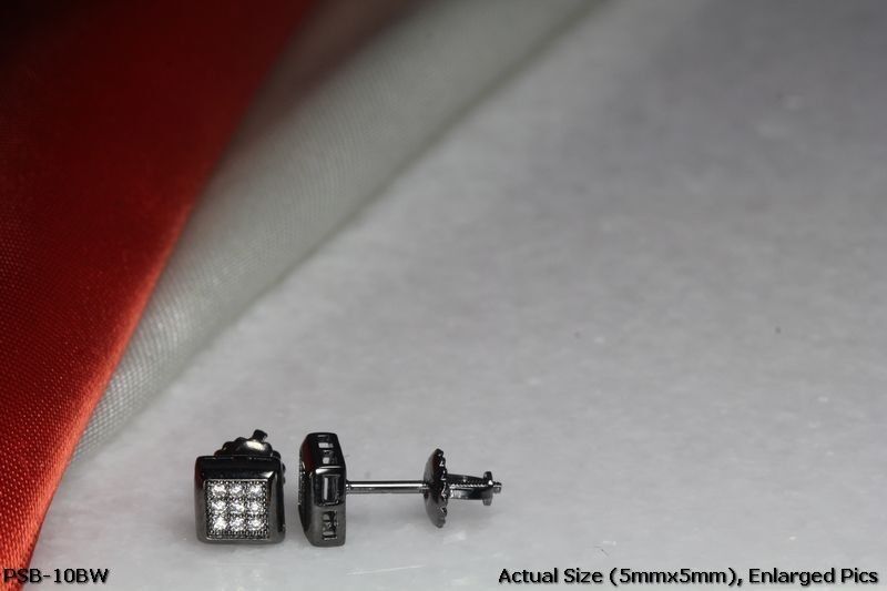 BLACK RHODIUM PLATED STERLING 925 5MM SCREW BACK STUD EARRINGS-9 WHITE CZS EACH