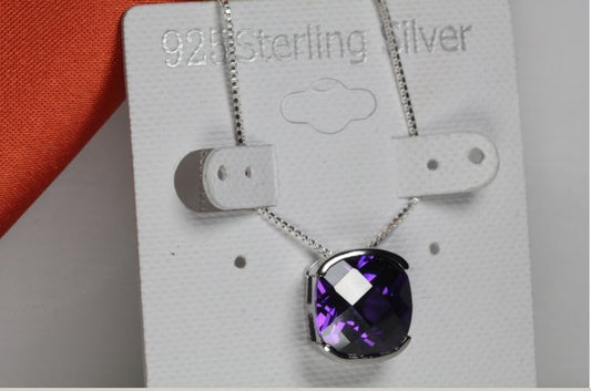 BRILLIANT FACET CUT AMETHYST CZ PENDANT W CHAIN 925 STERLING SILVER~MXTU