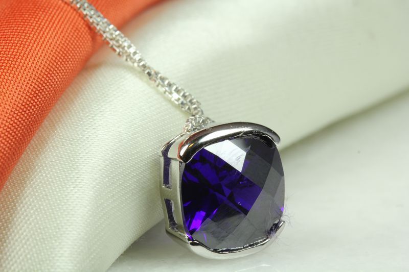 BRILLIANT FACET CUT AMETHYST CZ PENDANT W CHAIN 925 STERLING SILVER~MXTU