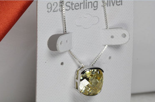 BRILLIANT FACET CUT YELLOW CITRINE CZ PENDANT W CHAIN 925 STERLING SILVER~MXM