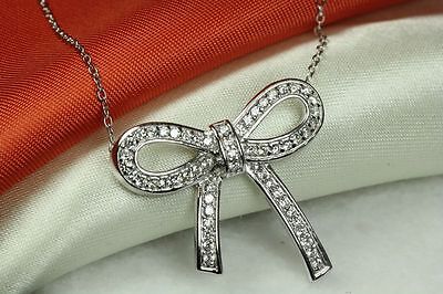 CUTE AND UNIQUE CLEAR CZ ENCRUSTED BOW TIE NECKLACE 925 STERLING SILVER~~MXMSAT