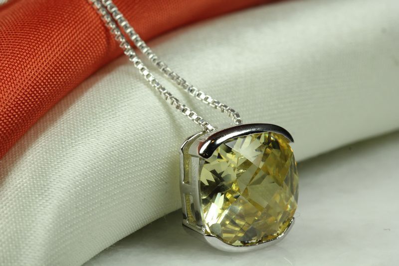 BRILLIANT FACET CUT YELLOW CITRINE CZ PENDANT W CHAIN 925 STERLING SILVER~MXM