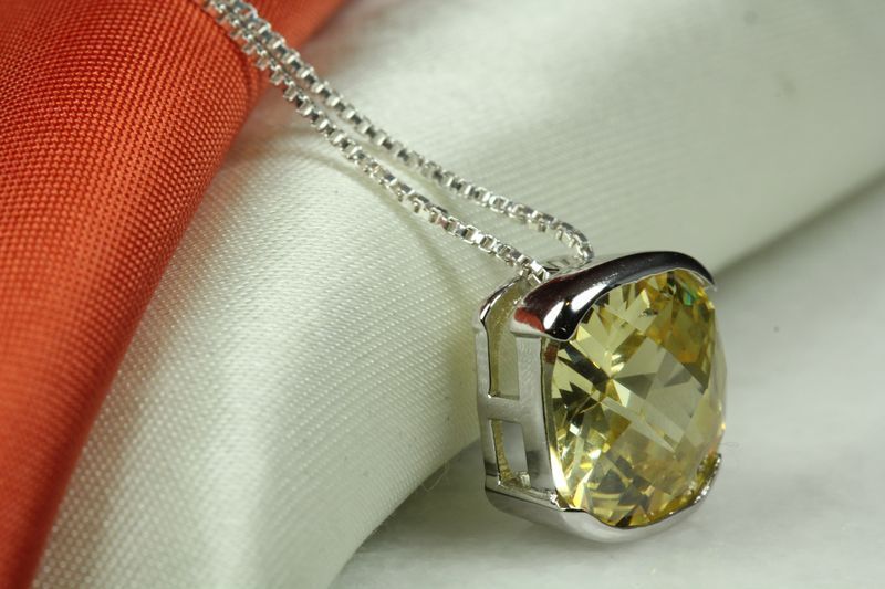BRILLIANT FACET CUT YELLOW CITRINE CZ PENDANT W CHAIN 925 STERLING SILVER~MXM