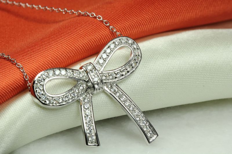 CUTE AND UNIQUE CLEAR CZ ENCRUSTED BOW TIE NECKLACE 925 STERLING SILVER~~MXMSAT