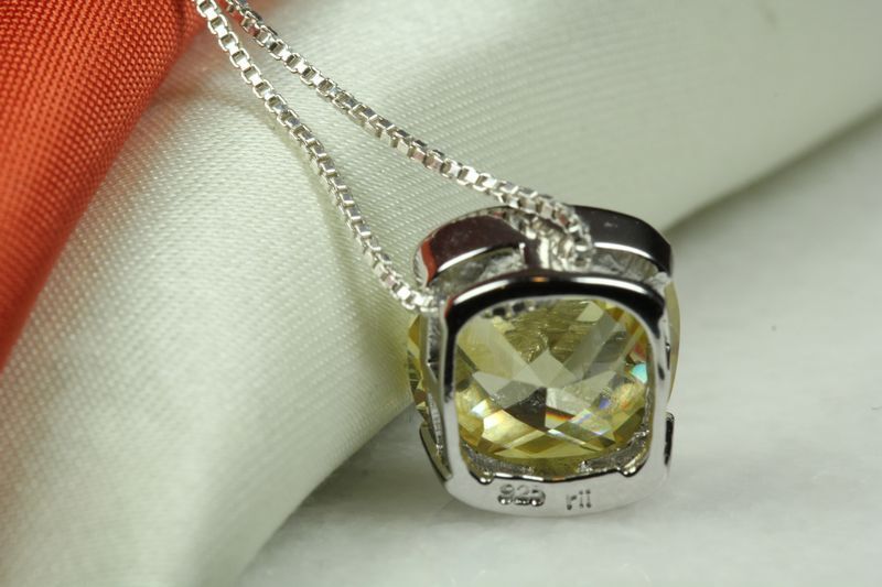 BRILLIANT FACET CUT YELLOW CITRINE CZ PENDANT W CHAIN 925 STERLING SILVER~MXM