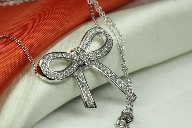 CUTE AND UNIQUE CLEAR CZ ENCRUSTED BOW TIE NECKLACE 925 STERLING SILVER~~MXMSAT
