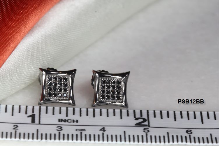 BLACK RHODIUM PLATED STERLING SILVER 925 16 BLACK CZS EACH 8MM SQR STUD EARRINGS