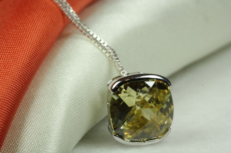 BRILLIANT FACET CUT YELLOW CITRINE CZ PENDANT W CHAIN 925 STERLING SILVER~MXM